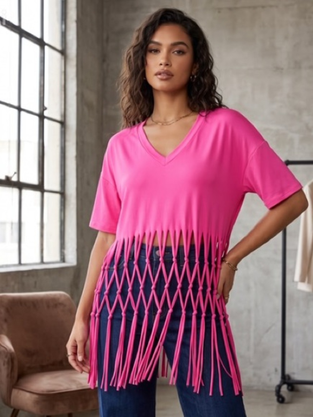 Women's Pink V-Neck Fringe Crop Top